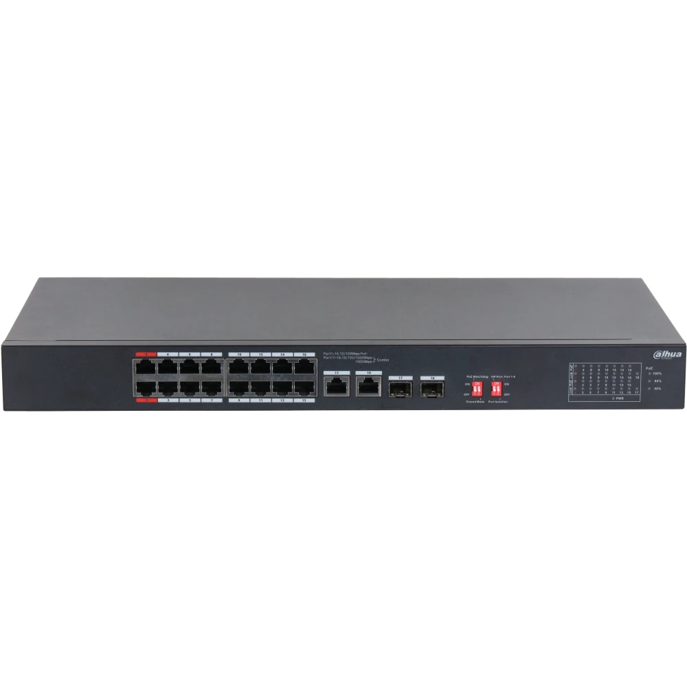 Неуправляемый 16-портовый коммутатор DAHUA DH-S3218-16ET-135 с РоЕ, 16xRJ45 100Mb, 2хКомбо SFP/RJ45