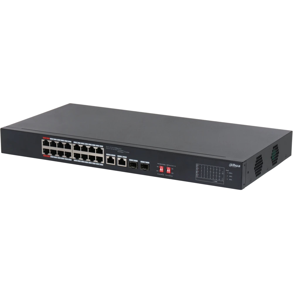 Неуправляемый 16-портовый коммутатор DAHUA DH-S3218-16ET-135 с РоЕ, 16xRJ45 100Mb, 2хКомбо SFP/RJ45