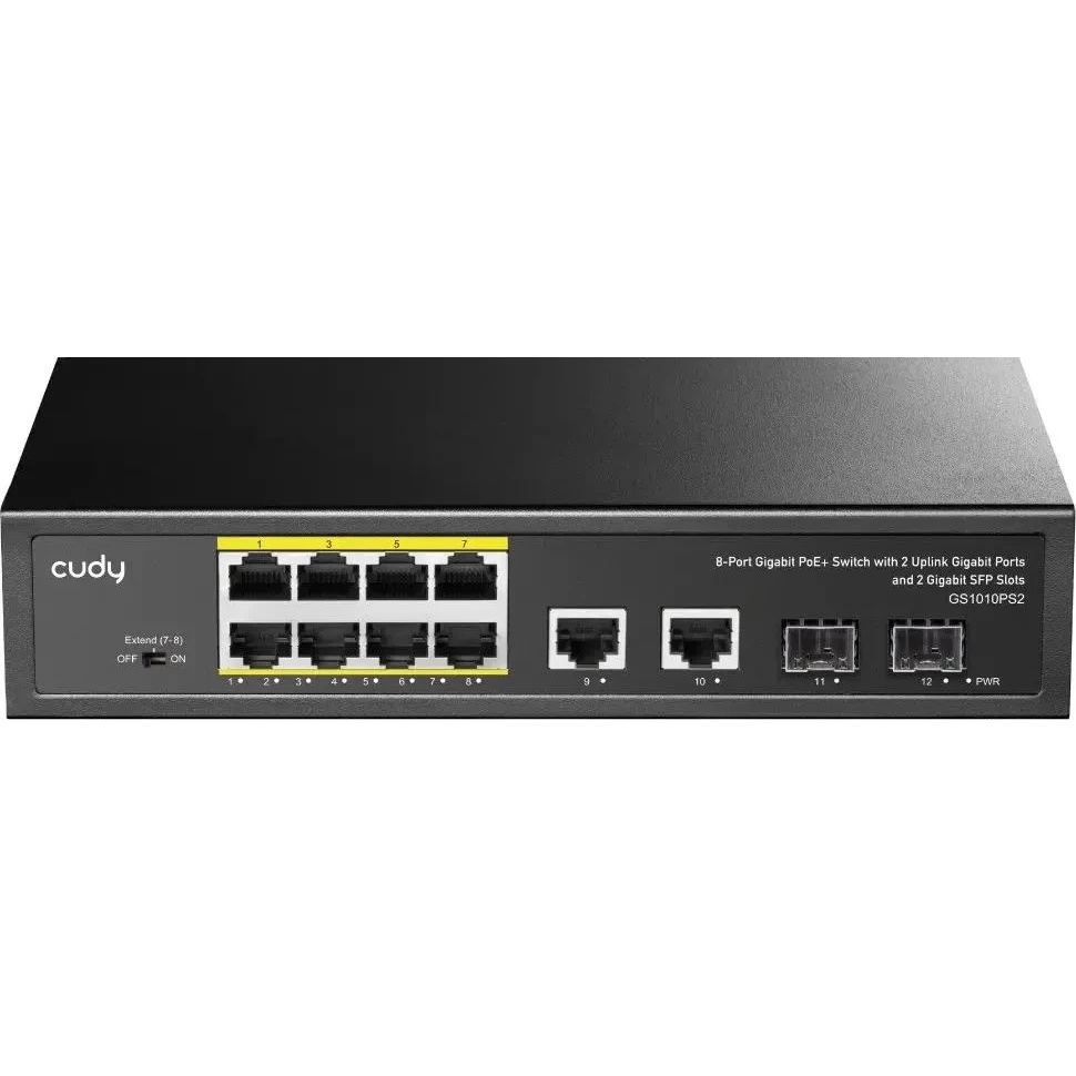 Коммутатор Cudy GS1010PS2, (L2) 10x1Гбит/с 2xКомбо(1000BASE-T/SFP) 2SFP 8PoE 120W, неуправляемый