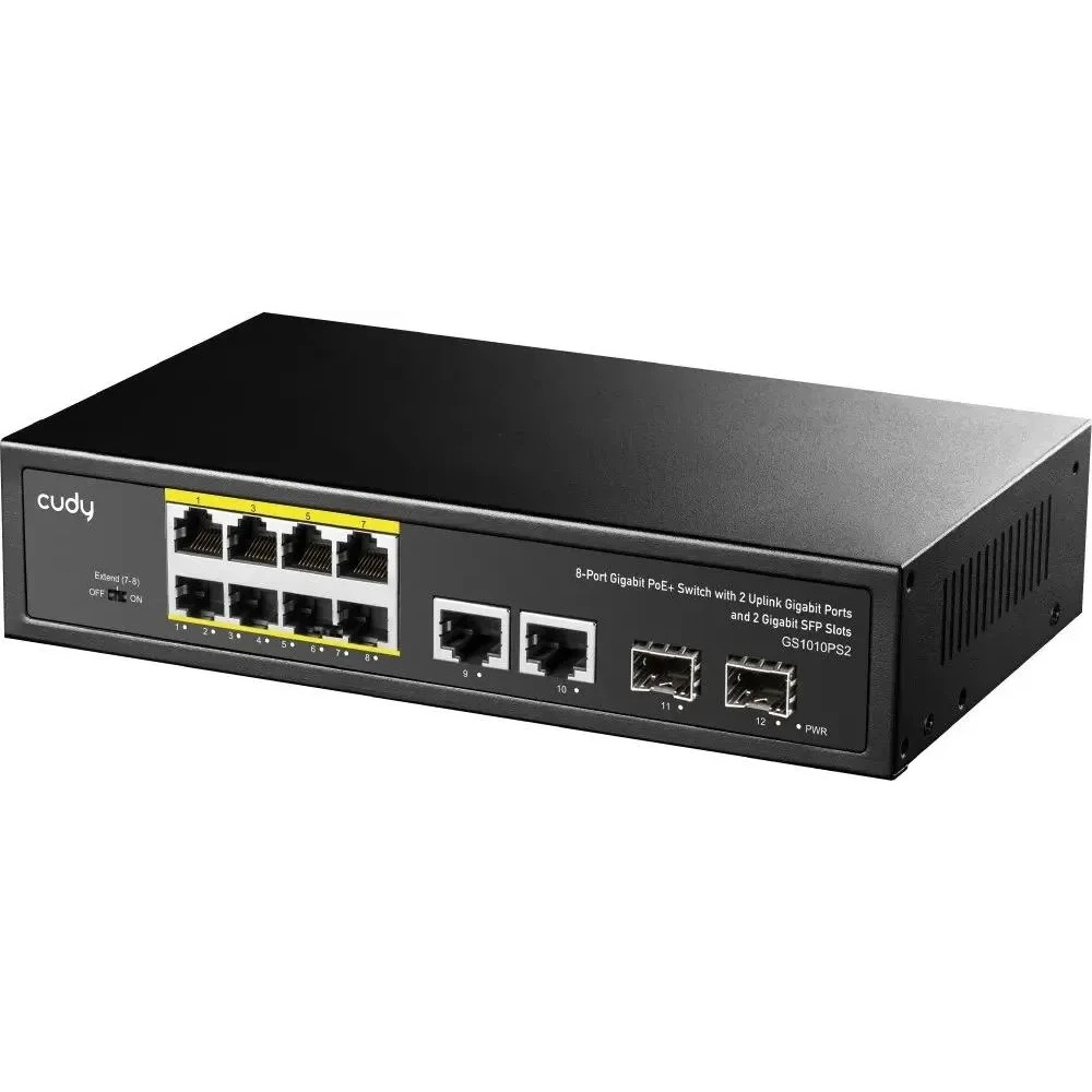 Коммутатор Cudy GS1010PS2, (L2) 10x1Гбит/с 2xКомбо(1000BASE-T/SFP) 2SFP 8PoE 120W, неуправляемый