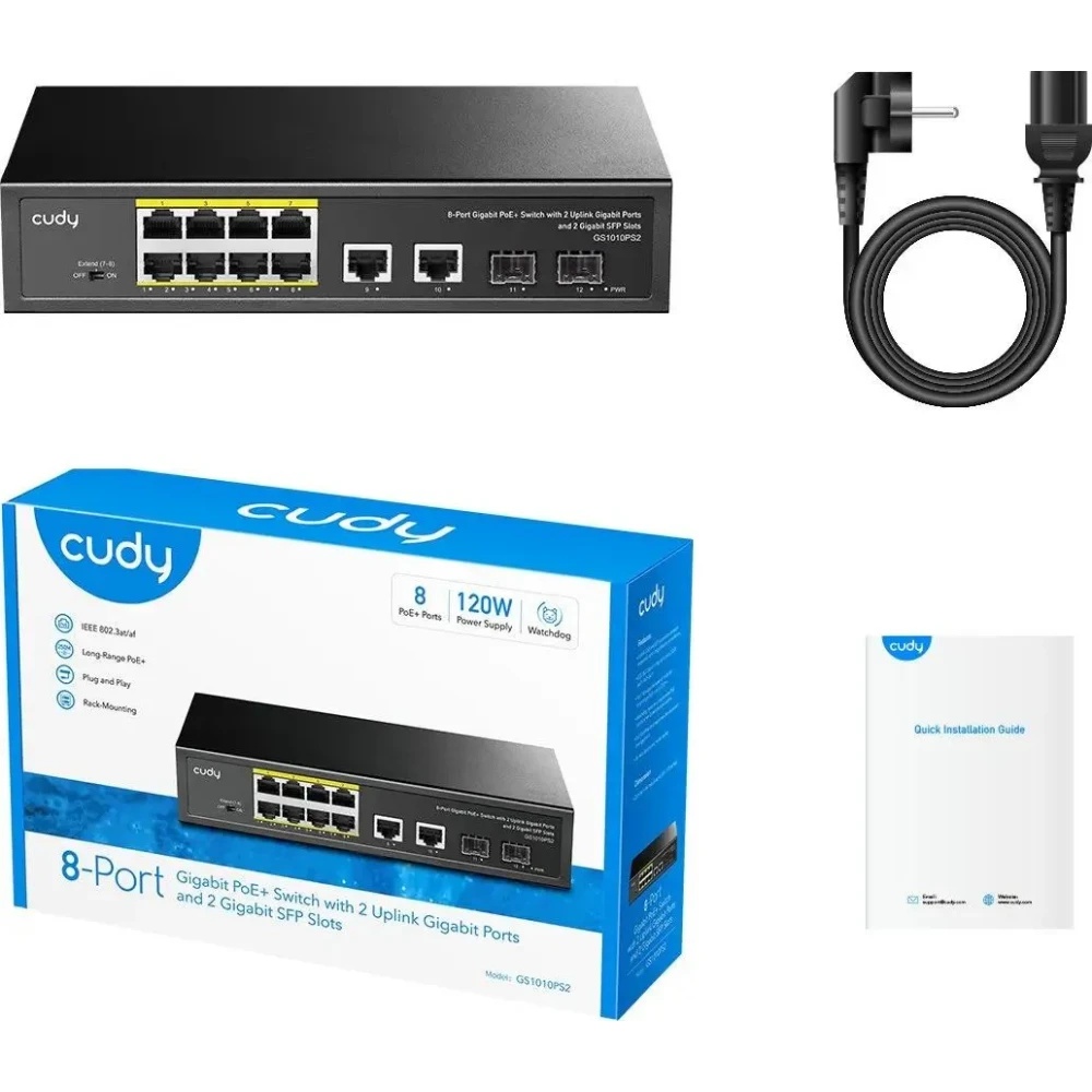 Коммутатор Cudy GS1010PS2, (L2) 10x1Гбит/с 2xКомбо(1000BASE-T/SFP) 2SFP 8PoE 120W, неуправляемый