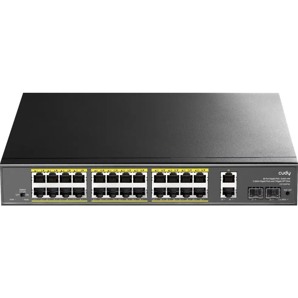 Коммутатор Cudy GS1026PS2, (L2) 26x1Гбит/с 2xКомбо(1000BASE-T/SFP), 2SFP, 24PoE, 300W, неуправляемый