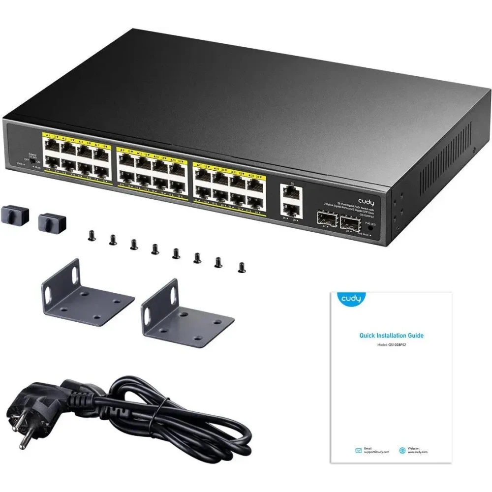 Коммутатор Cudy GS1026PS2, (L2) 26x1Гбит/с 2xКомбо(1000BASE-T/SFP), 2SFP, 24PoE, 300W, неуправляемый