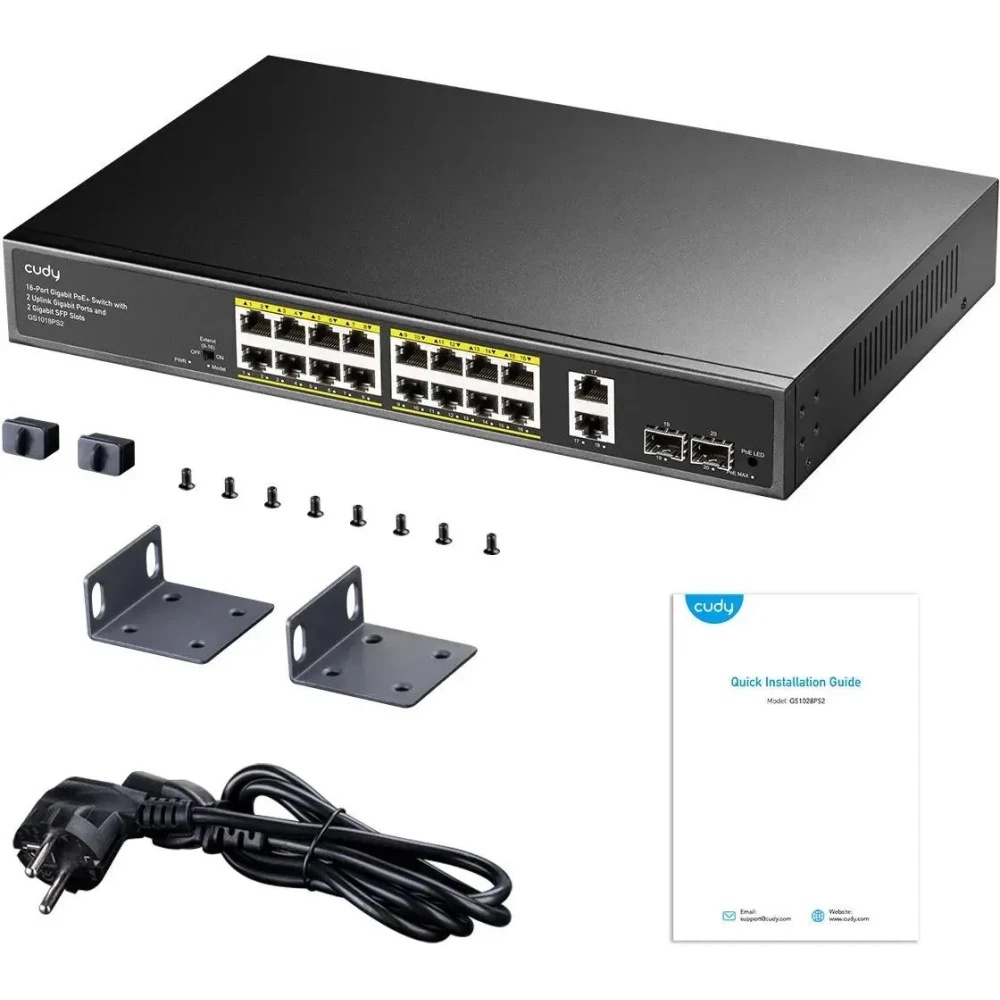 Коммутатор Cudy GS1018PS2 (L2) 18x1Гбит/с 2xКомбо(1000BASE-T/SFP) 2SFP 16PoE 200W неуправляемый