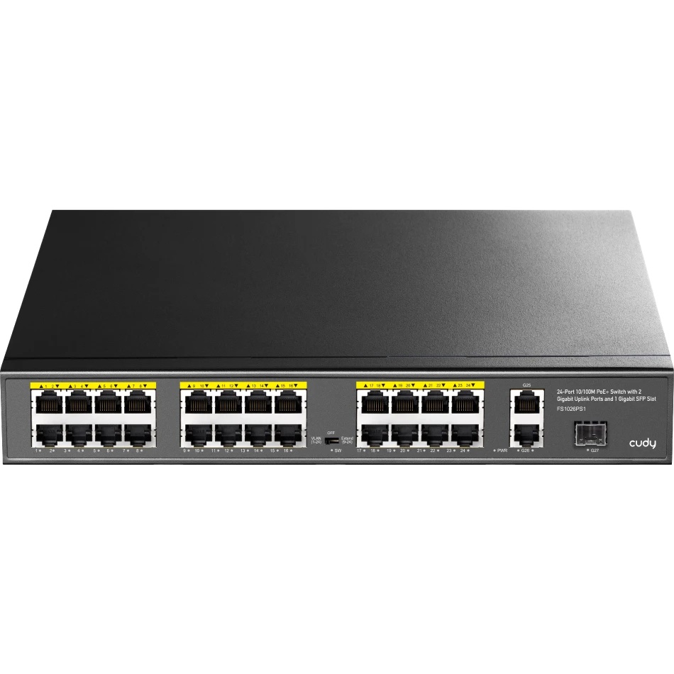Коммутатор Cudy FS1026PS1, (L2) 24x100Мбит/с 2x1Гбит/с, 1SFP, 24PoE, 24PoE+ 300W, неуправляемый