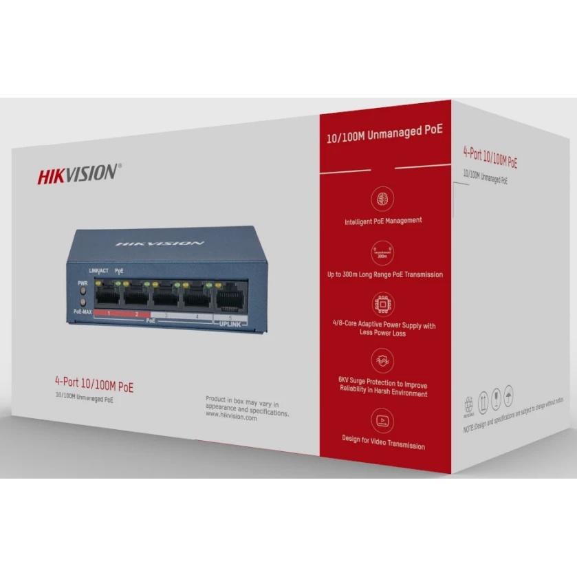 Коммутатор Hikvision DS-3E0105P-E/M(B) 4 RJ45 100M PoE с грозозащитой 6кВ; 1 Uplink порт 100М Ethern