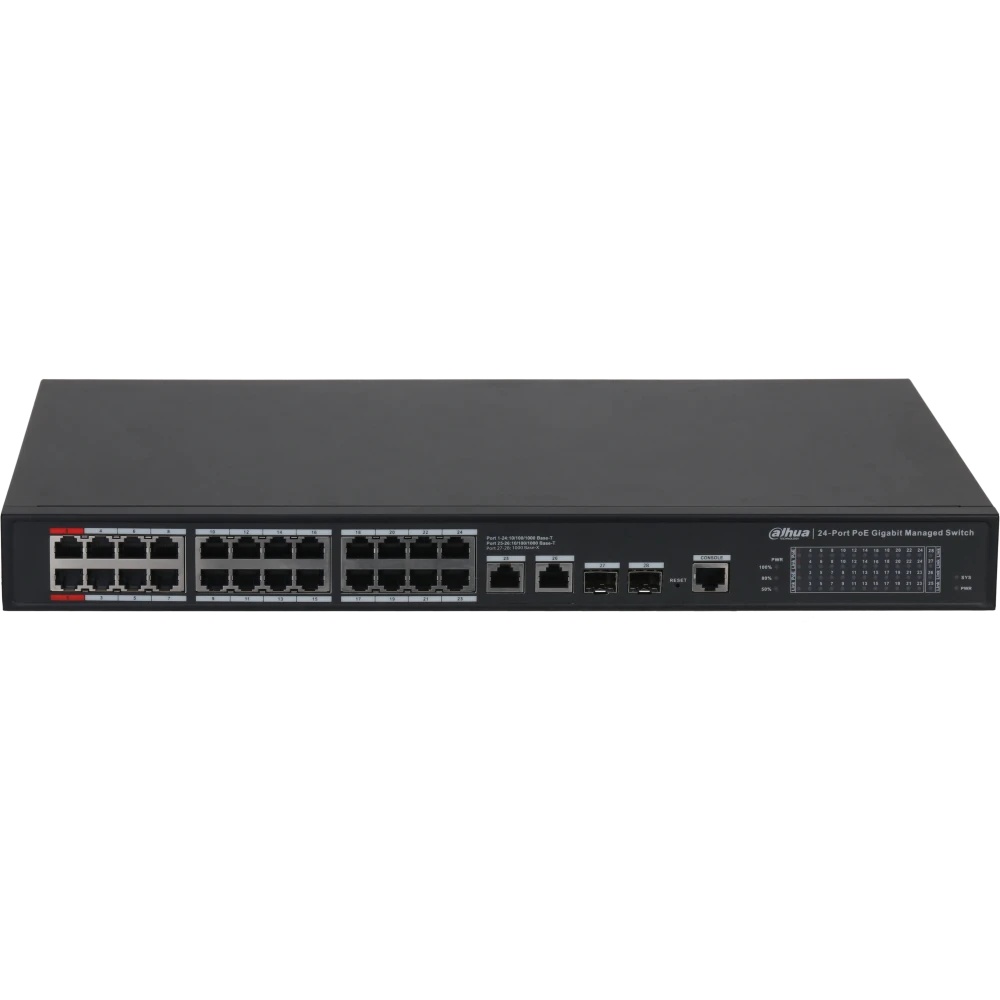 24-портовый гигабитный управляемый коммутатор с PoE DAHUA, уровень L2 Порты: 24 RJ45 10/100/1000Мбит
