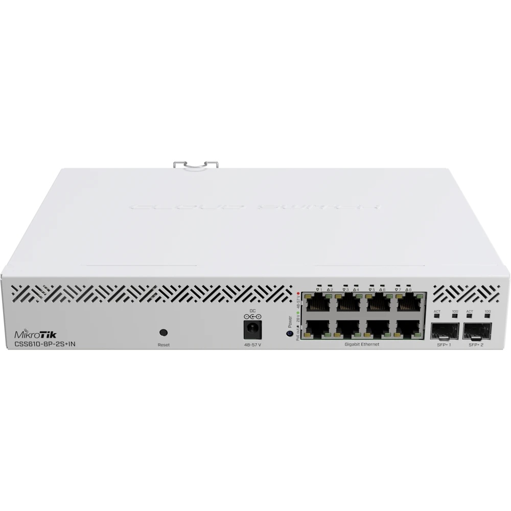 Коммутатор Mikrotik CSS610-8P-2S+IN PoE-коммутатор, 8х 1G RJ45, 2х SFP+, раздача PoE 140 Вт, SwitchO