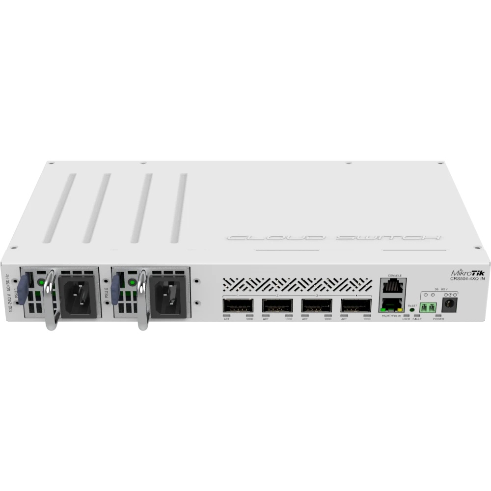 Коммутатор Mikrotik CRS504-4XQ-IN, 1x10Base-T/100Base-TX, 4xQSFP28, Switching capacity 800 Gbps