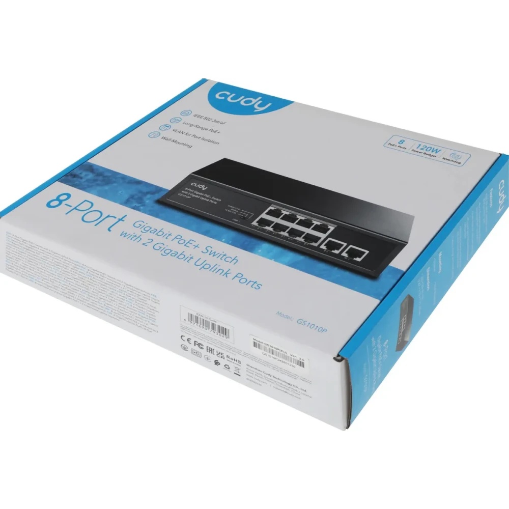 Коммутатор CUDY 8 RJ-45 10/100/1000M PSE ports +2 RJ45 10/100/1000  Uplink Port Unmanaged PoE+ Switc