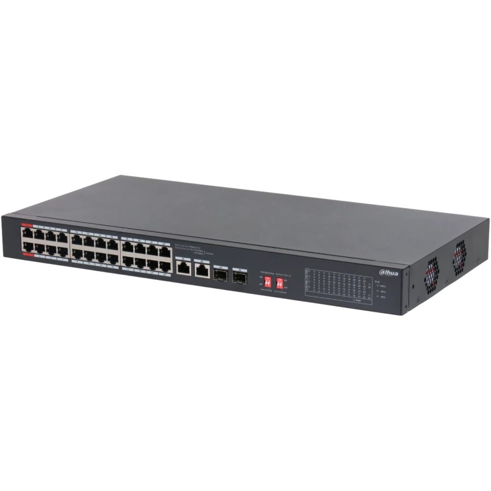Неуправляемый 24-портовый коммутатор DAHUA DH-S3226-24ET-240 с РоЕ, 24xRJ45 100Mb PoE, 2хКомбо SFP/R