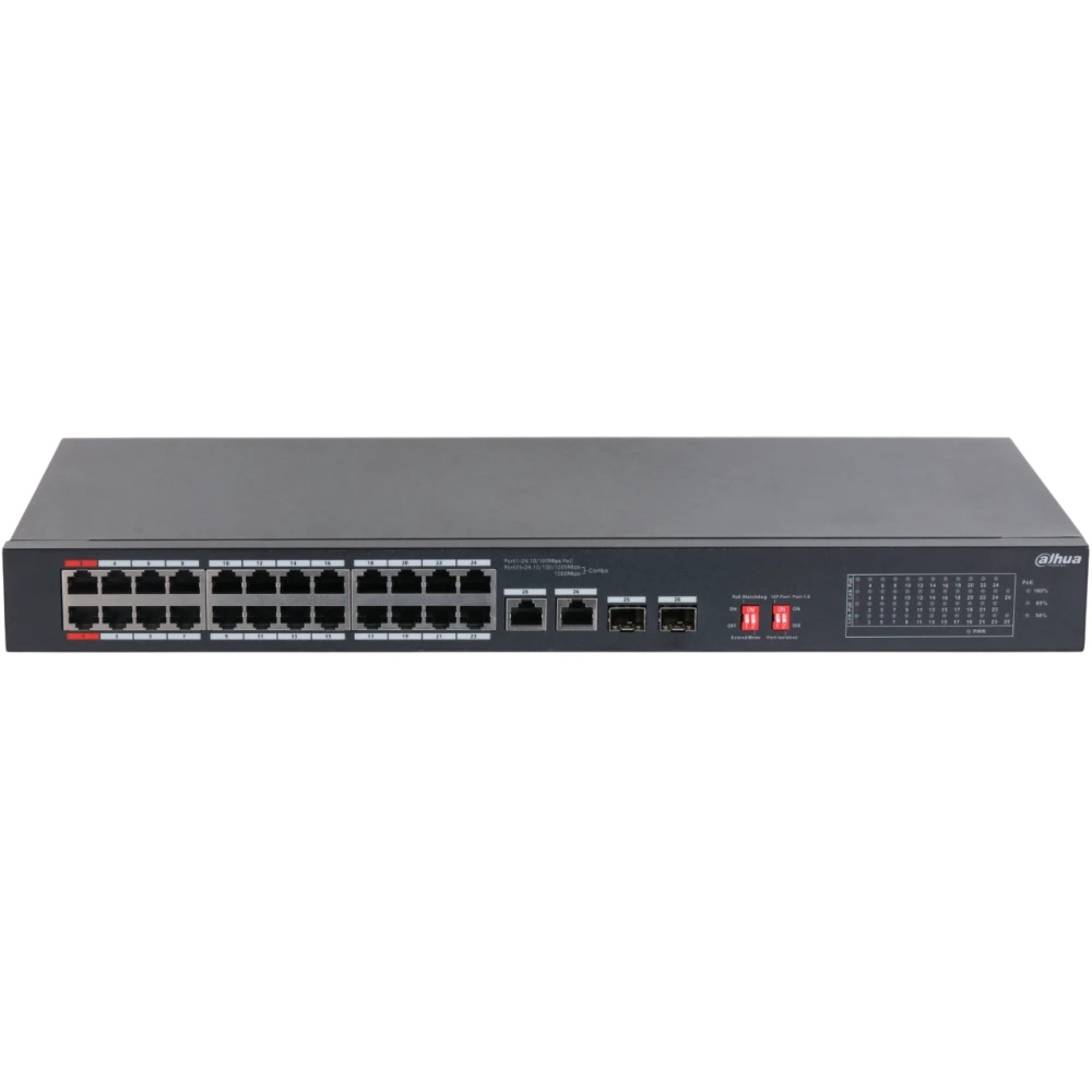 Неуправляемый 24-портовый коммутатор DAHUA DH-S3226-24ET-240 с РоЕ, 24xRJ45 100Mb PoE, 2хКомбо SFP/R