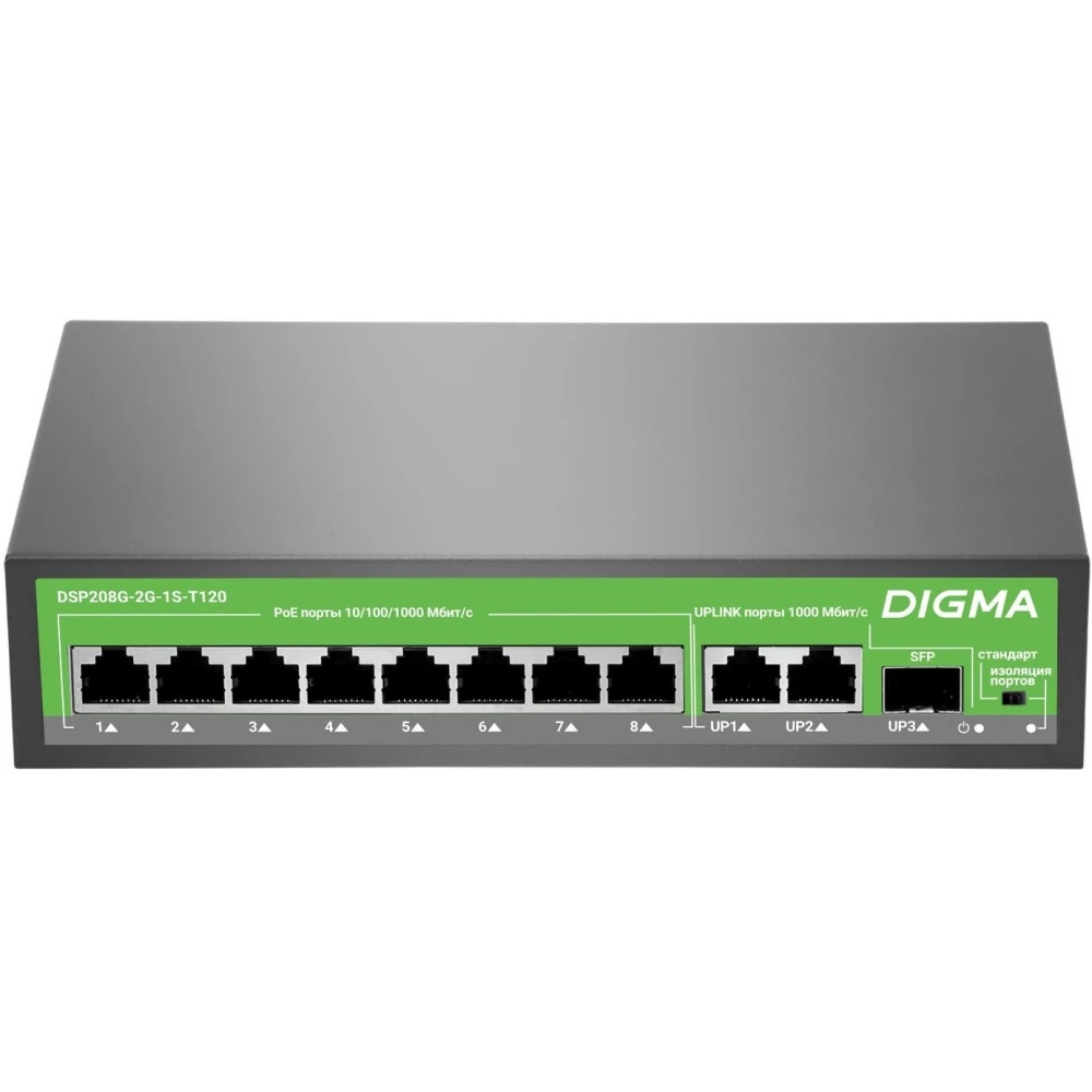 Коммутатор Digma DSP208G-2G-1S-T120 (L2) 10x1Гбит/с 1SFP 8PoE 8PoE+ 120W неуправляемый