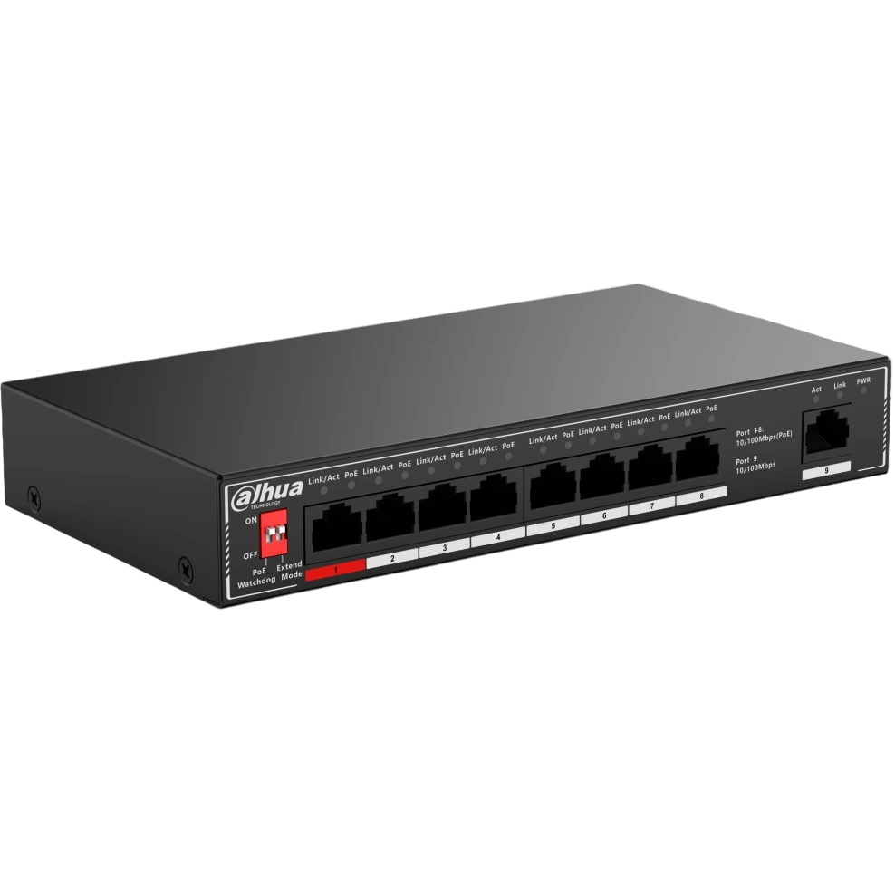 Неуправляемый 9-портовый коммутатор с РоЕ DAHUA DH-SF1009P, 8xRJ45 100Mb PoE, 1xRJ45 100Mb uplink, с