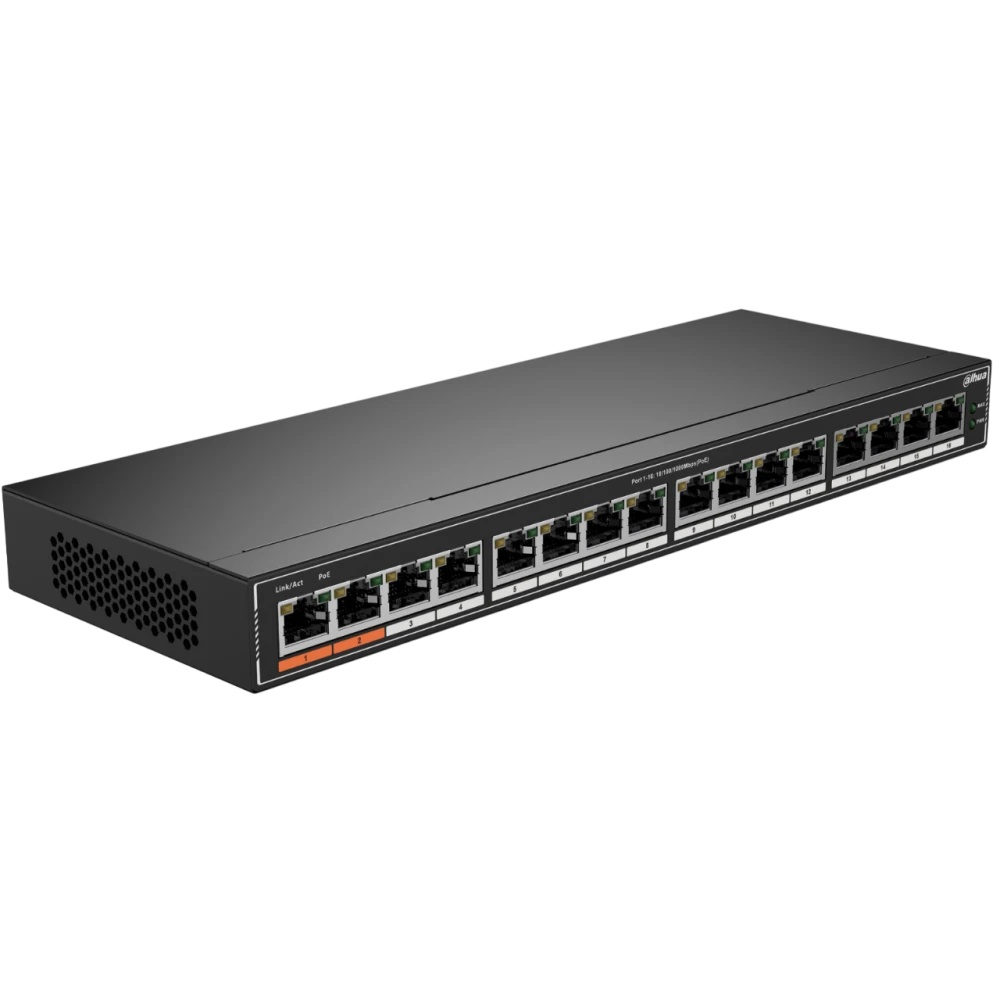 Гигабитный 16-портовый неуправляемый коммутатор DAHUA DH-SG1016Pc PoE, 16xRJ45 1Gb PoE, суммарно 190