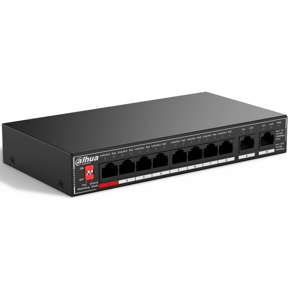Гигабитный 10-портовый неуправляемый коммутатор c PoE DAHUA DH-SG1010P, 8xRJ45 1Gb PoE, 2xRJ45 1Gb u