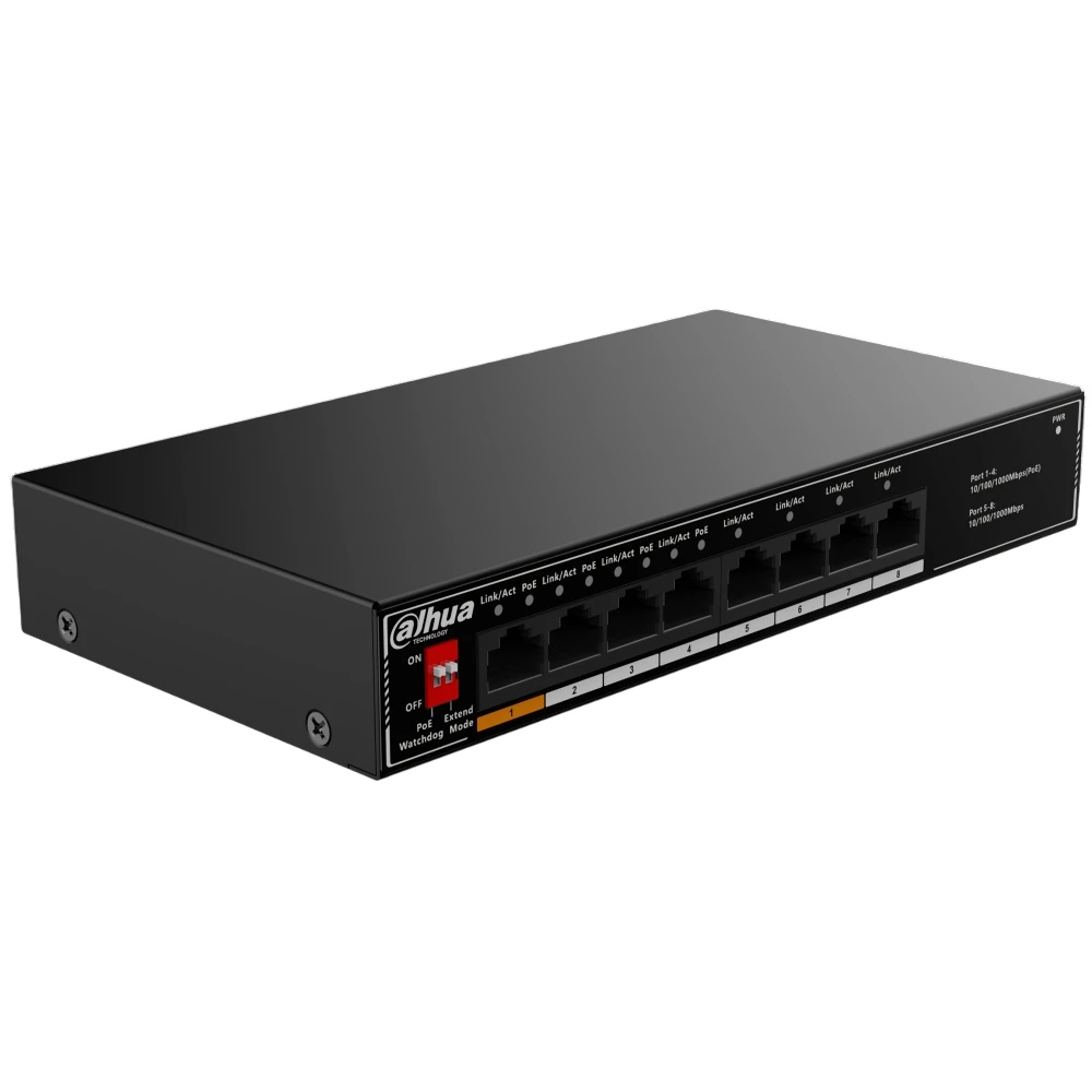Гигабитный 8-портовый неуправляемый коммутатор c PoE DAHUA DH-SG1008LP, 4xRJ45 1Gb PoE, 4xRJ45 1Gb,