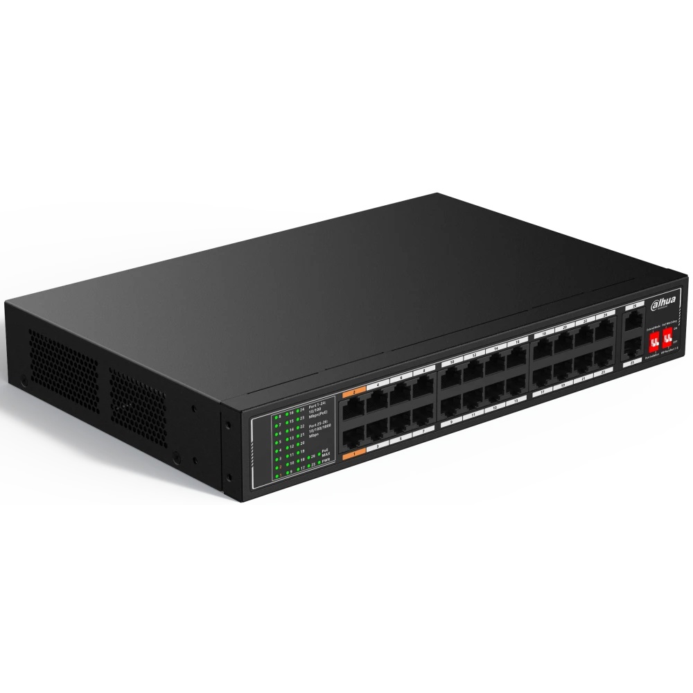 Неуправляемый 26-портовый коммутатор с РоЕ DAHUA DH-SF1026LP, 24xRJ45 100Mb PoE, 2xRJ45 1Gb uplink,