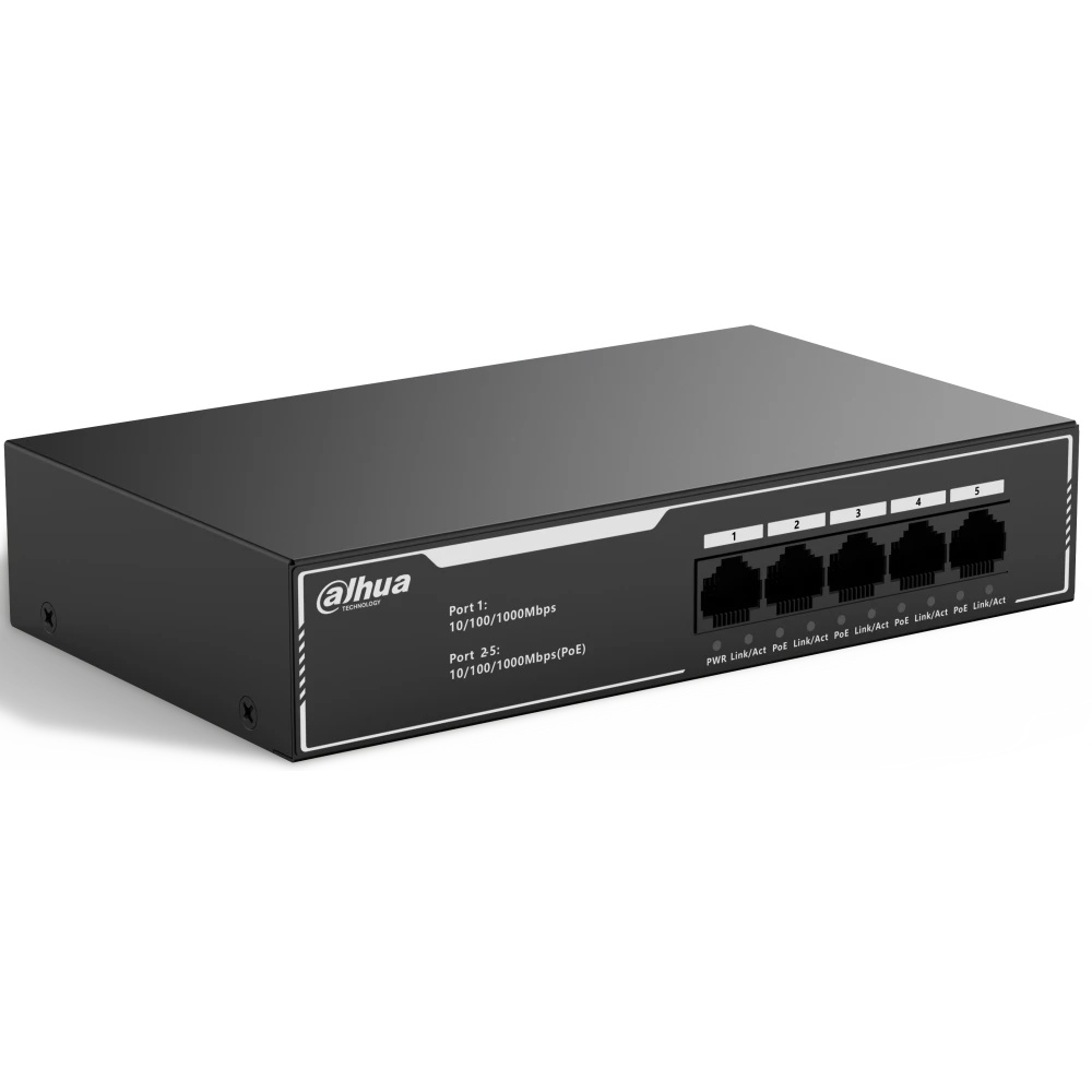 Гигабитный 5-портовый неуправляемый коммутатор c PoE DAHUA DH-SG1005LP, 4xRJ45 1Gb PoE, 1xRJ45 1Gb u