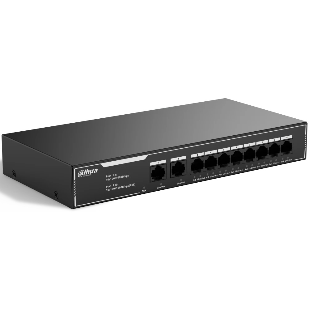 Гигабитный 10-портовый неуправляемый коммутатор c PoE DAHUA DH-SG1010LP, 8xRJ45 1Gb PoE, 2xRJ45 1Gb
