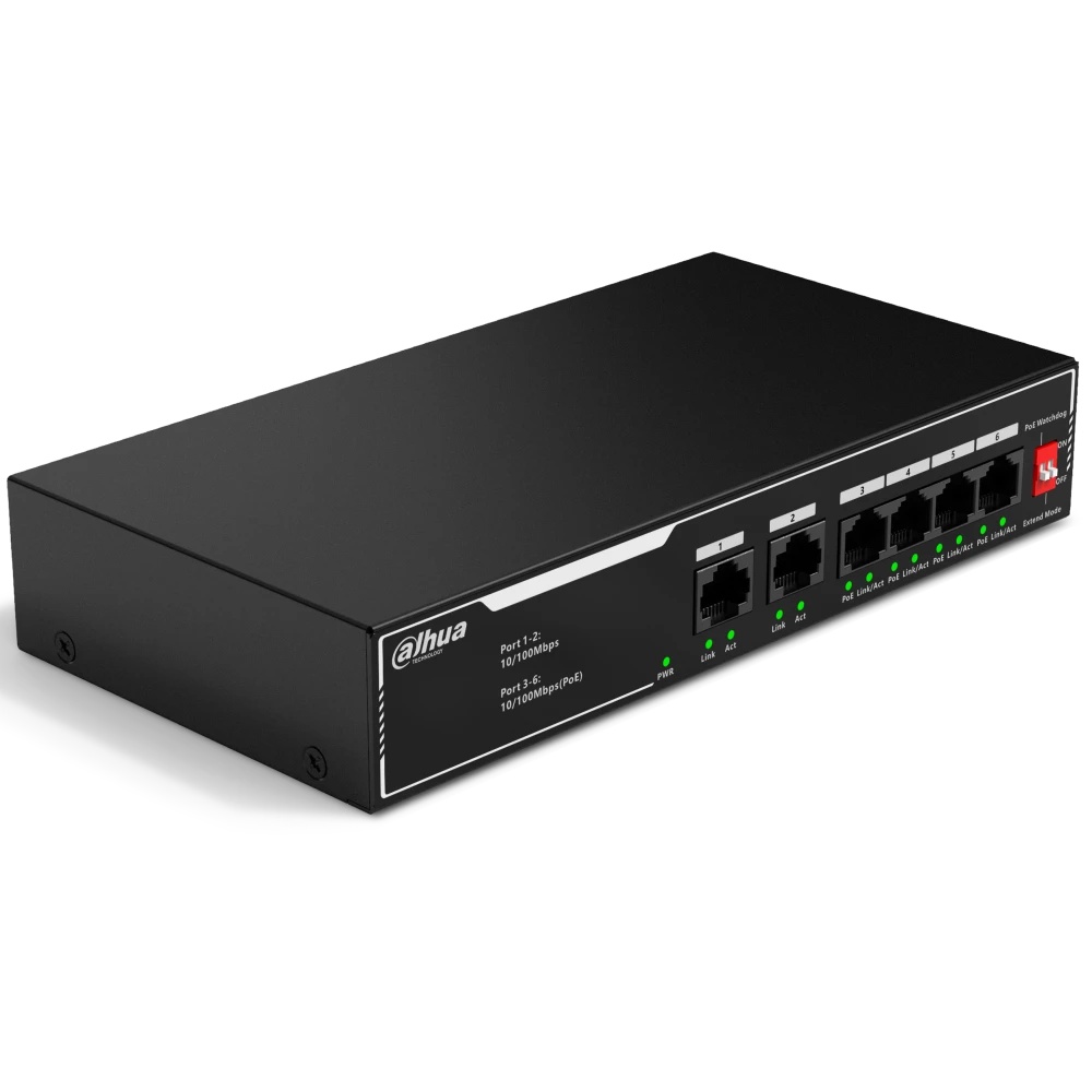 Неуправляемый 6-портовый коммутатор с РоЕ DAHUA DH-SF1006LP, 4xRJ45 100Mb PoE, 2xRJ45 100Mb uplink,
