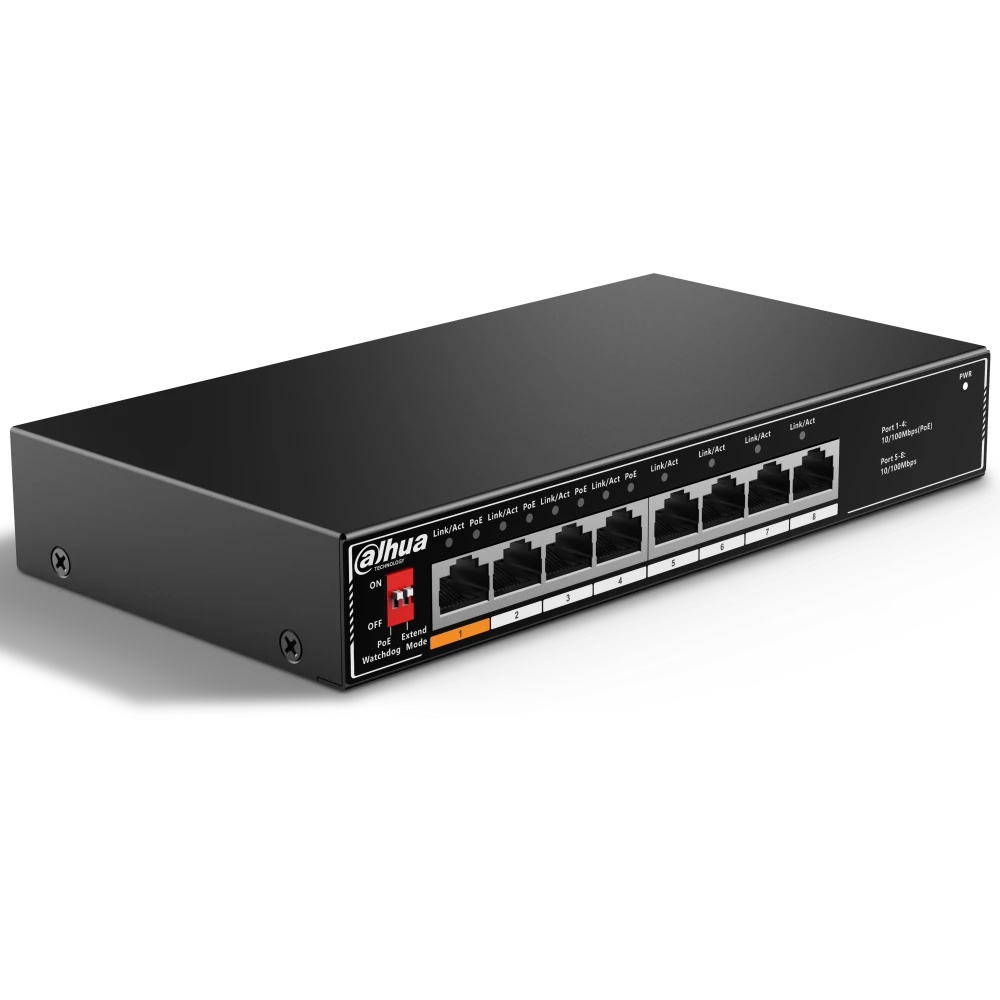 Неуправляемый 8-портовый коммутатор с РоЕ DAHUA DH-SF1008LP, 4xRJ45 100Mb PoE, 4xRJ45 100Mb, суммарн