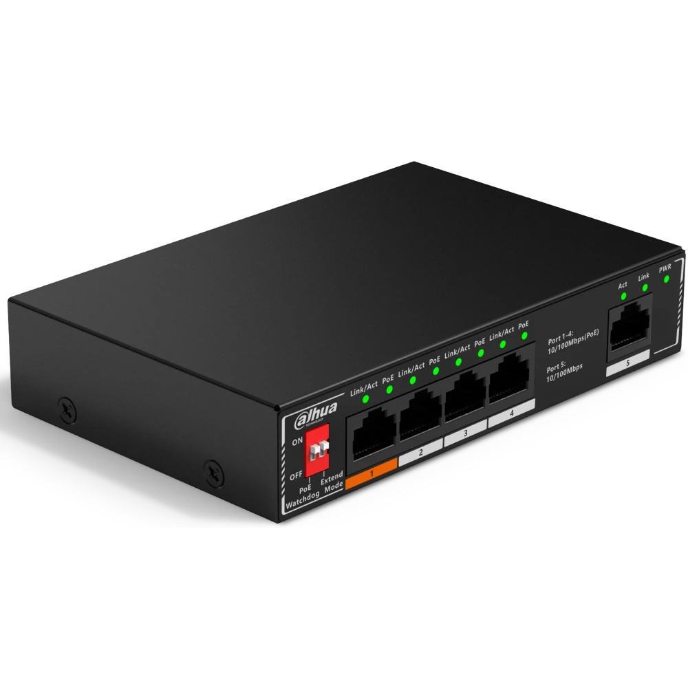 Неуправляемый 5-портовый коммутатор с РоЕ DAHUA DH-SF1005P, 4xRJ45 100Mb PoE, 1xRJ45 100Mb uplink, с