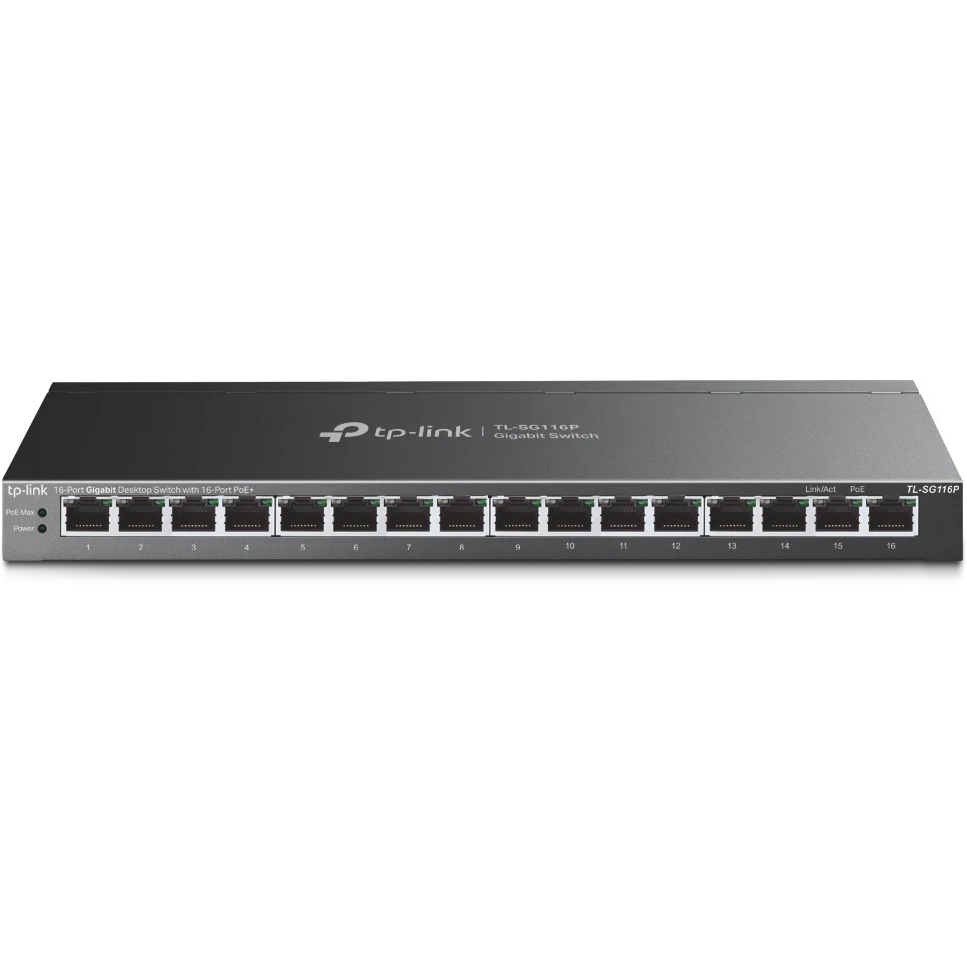Настольный коммутатор TP-Link TL-SG116P с 16 гигабитными портами PoE+