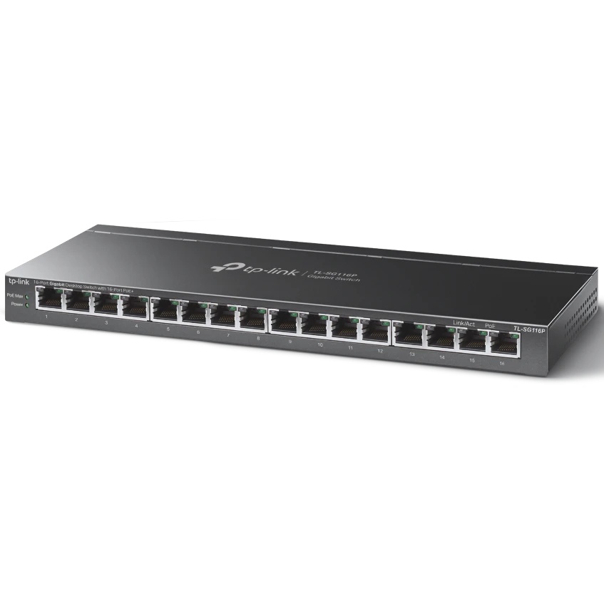 Настольный коммутатор TP-Link TL-SG116P с 16 гигабитными портами PoE+