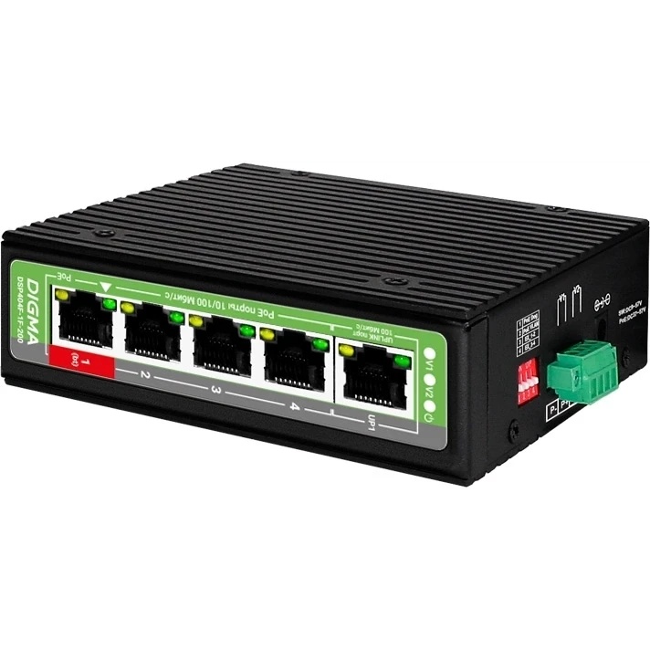 Коммутатор Digma DSP404F-1F-200 (L2) 5x100Мбит/с 4PoE 4PoE+ 1PoE++ 200W неуправляемый