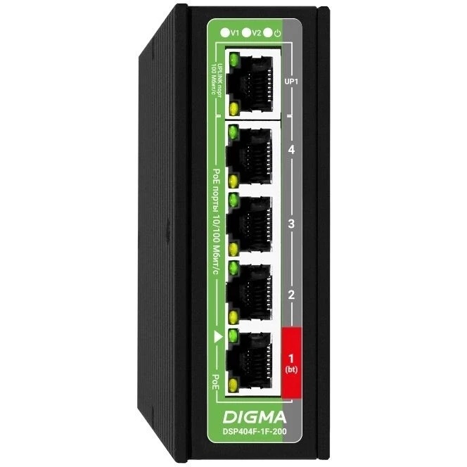 Коммутатор Digma DSP404F-1F-200 (L2) 5x100Мбит/с 4PoE 4PoE+ 1PoE++ 200W неуправляемый