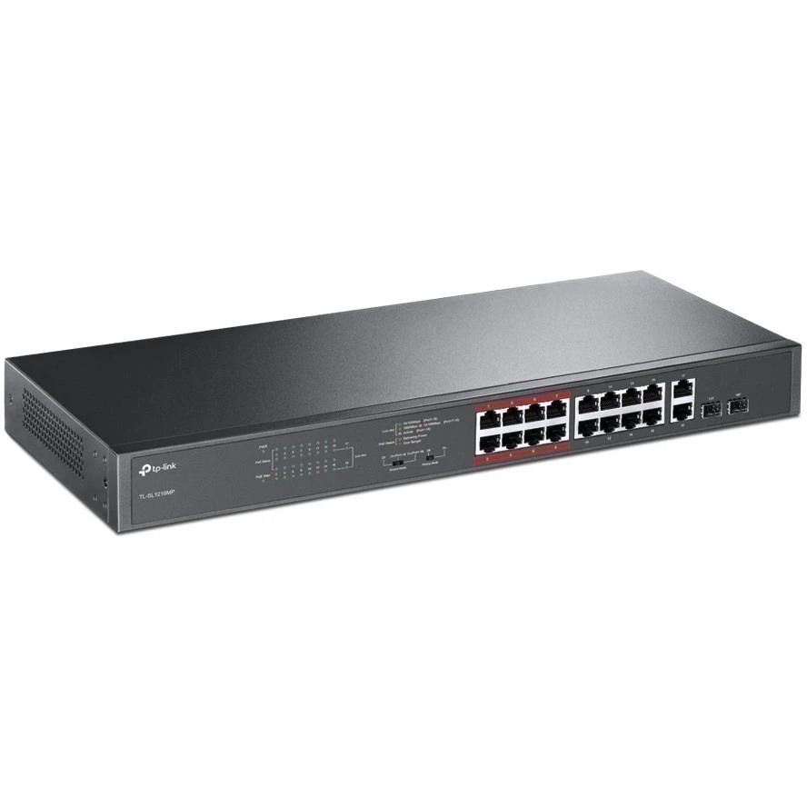 Коммутатор TP-LINK TL-SL1218MP Неуправляемый коммутатор PoE на 16 портов 10/100 Мбит/с и 2 гигабитны