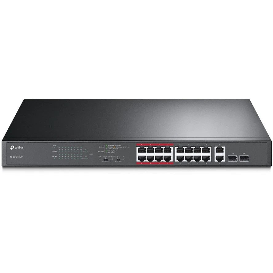 Коммутатор TP-LINK TL-SL1218MP Неуправляемый коммутатор PoE на 16 портов 10/100 Мбит/с и 2 гигабитны