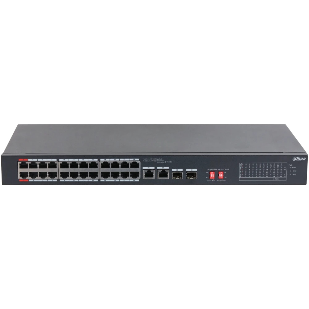 Коммутатор Dahua DH-S3226-24ET-375 (L2) 24x100Мбит/с 2x1Гбит/с 2xКомбо (1000BASE-T/SFP) 24PoE 375W н