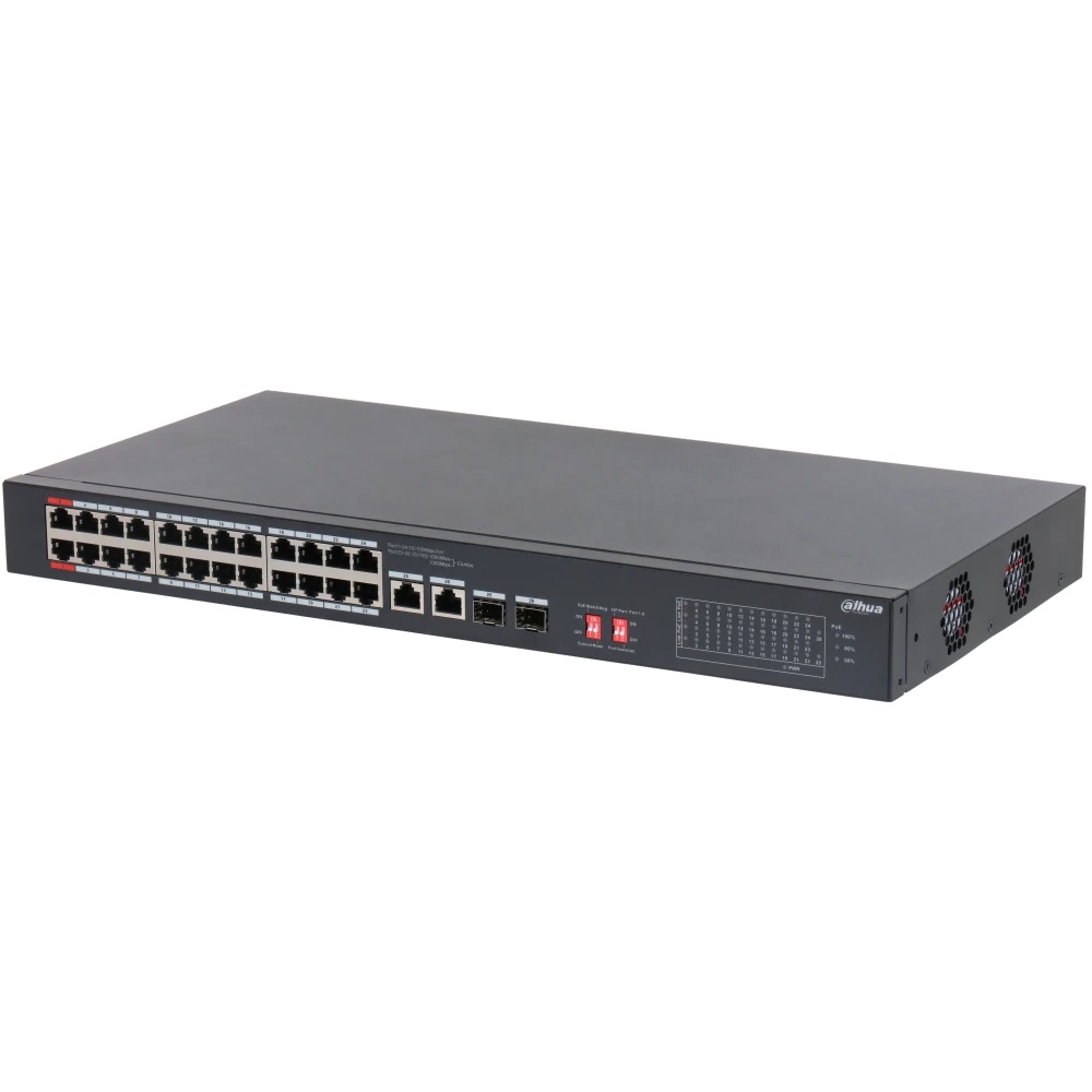 Коммутатор Dahua DH-S3226-24ET-375 (L2) 24x100Мбит/с 2x1Гбит/с 2xКомбо (1000BASE-T/SFP) 24PoE 375W н