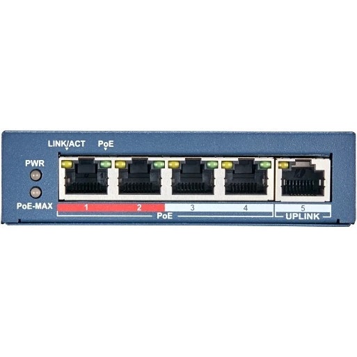 Коммутатор Hikvision DS-3E0105P-E(B) 4 RJ45 100M PoE с грозозащитой 6кВ, 2 порт с высоким приоритето