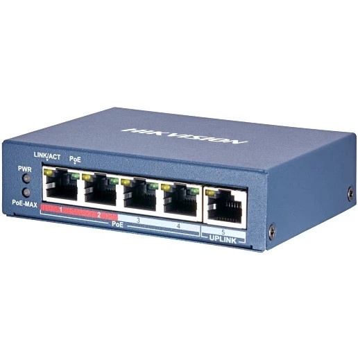 Коммутатор Hikvision DS-3E0105P-E(B) 4 RJ45 100M PoE с грозозащитой 6кВ, 2 порт с высоким приоритето