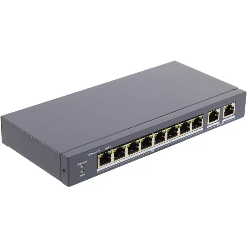 Сетевой неуправляемый коммутатор DS-S1008P - 8 RJ45 100M PoE, 2 порта с высоким приоритетом; 2 Uplin