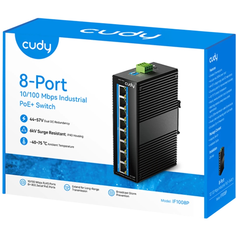 Промышленный коммутатор 8-Port 10/100M Aluminum Industrial PoE+ Switch, 8 10/100M Ports, 802.3at/af,