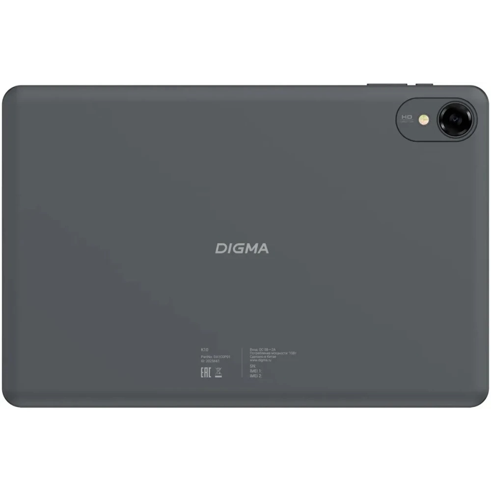 Планшет Digma K10 T606 (1.6) 8C RAM4Gb ROM64Gb 10.1" IPS 1280x800 4G 2Sim Android 14 серый 5Mpix 2Mp