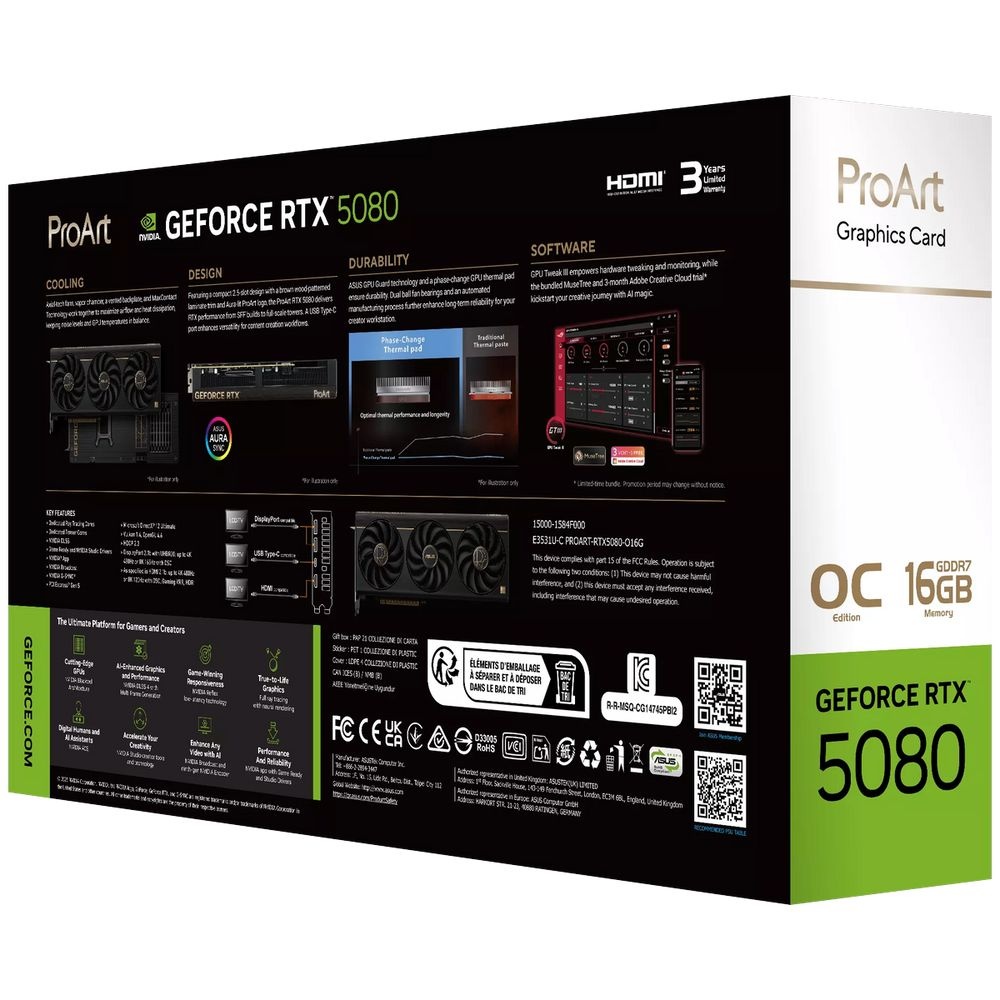 Видеокарта ASUS RTX5080 PROART OC 16GB GDDR7 256bit Type-C(DP) 2xDP HDMI 3FAN RTL (PROART-RTX5080-O1