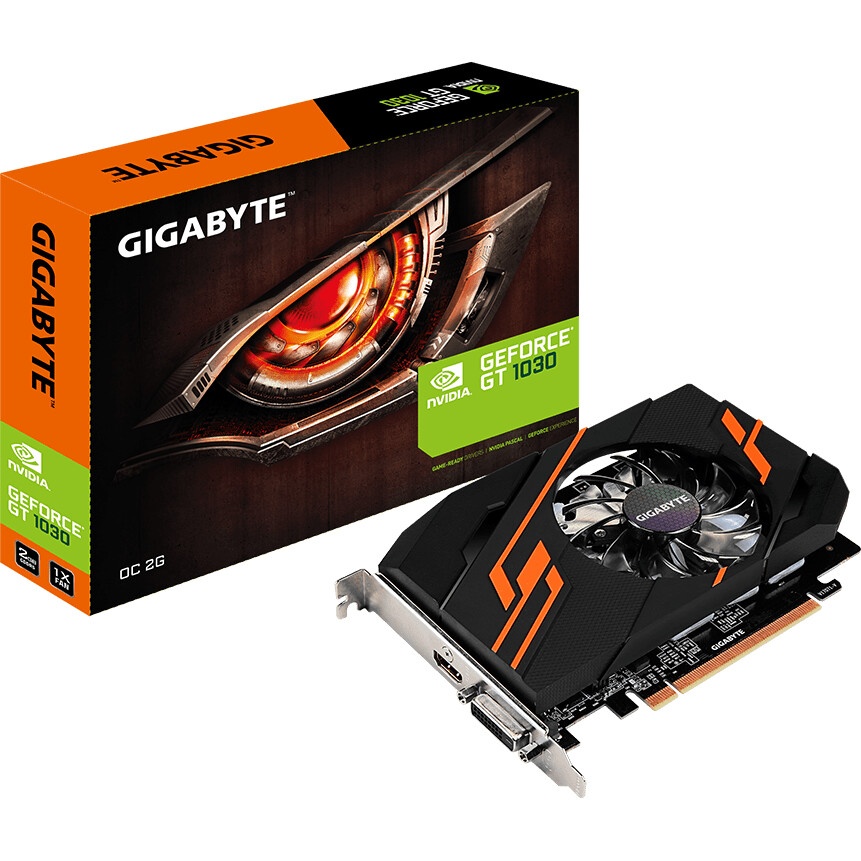 Видеокарта GIGABYTE GV-N1030OC-2GI PCI-E 3.0 2 ГБ GDDR5, 64 бит, DVI-D, HDMI, GPU 1265 МГц