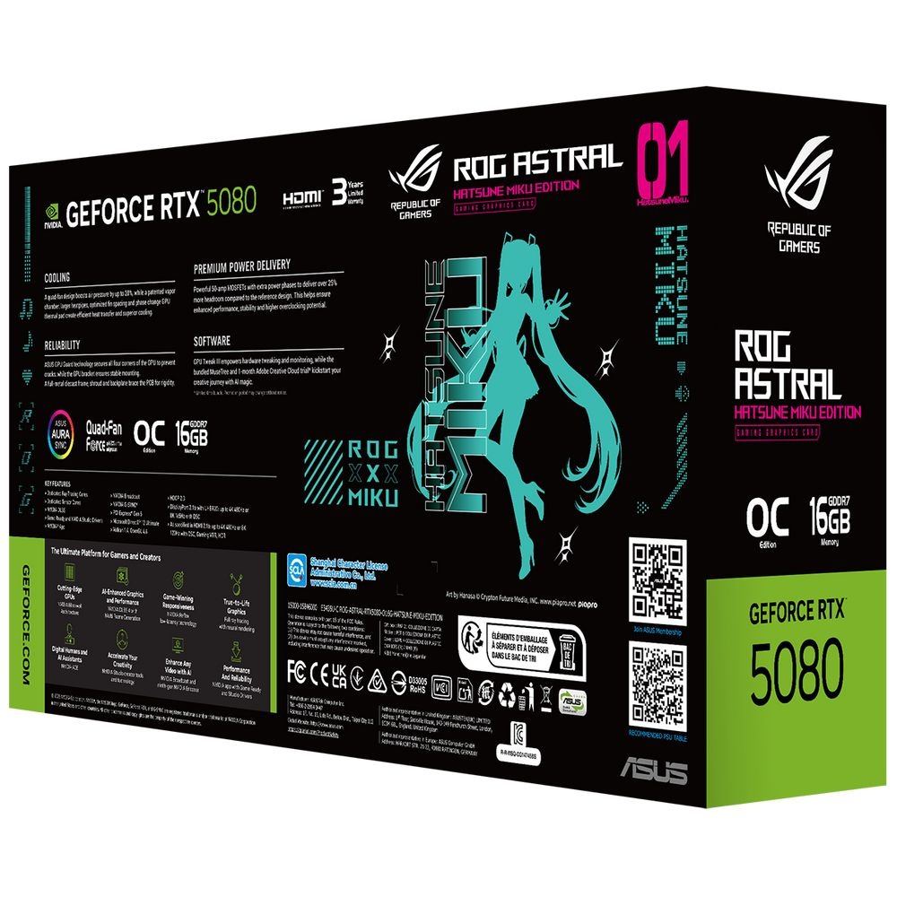Видеокарта ASUS RTX5080 ROG ASTRAL HATSUNE MIKU EDITION WHITE OC 16GB GDDR7 256bit 3xDP 2xHDMI 4FAN