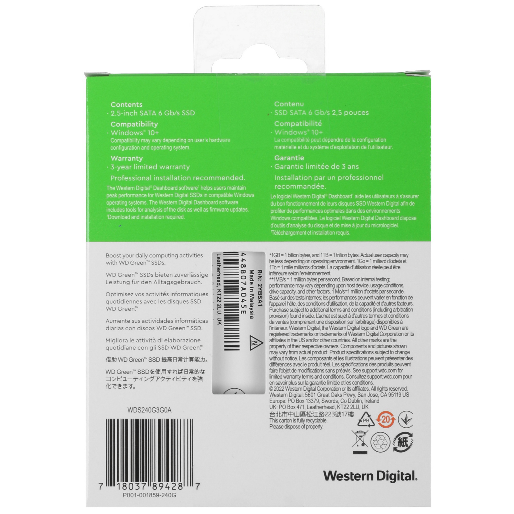 Накопитель SSD WD Green WDS240G3G0A, 240Gb, SATA III, 2.5", R/W 545/465