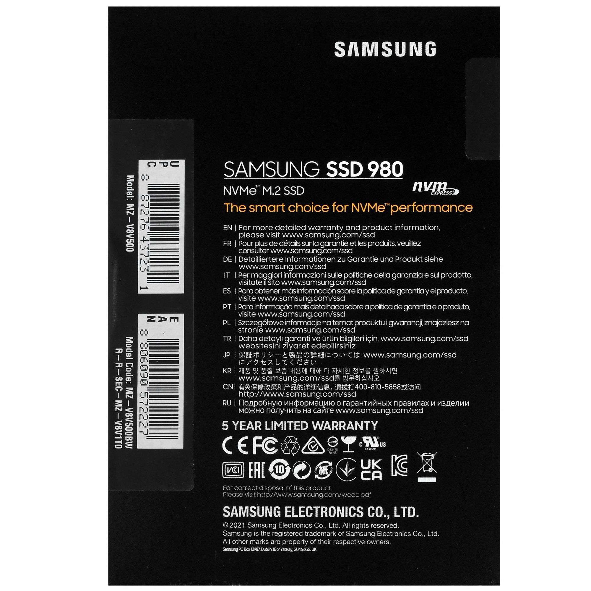 Накопитель SSD Samsung 980 MZ-V8V500BW, 500Gb, PCIe 3.0 x4, M.2 2280, NVMe, R/W 3100/2600