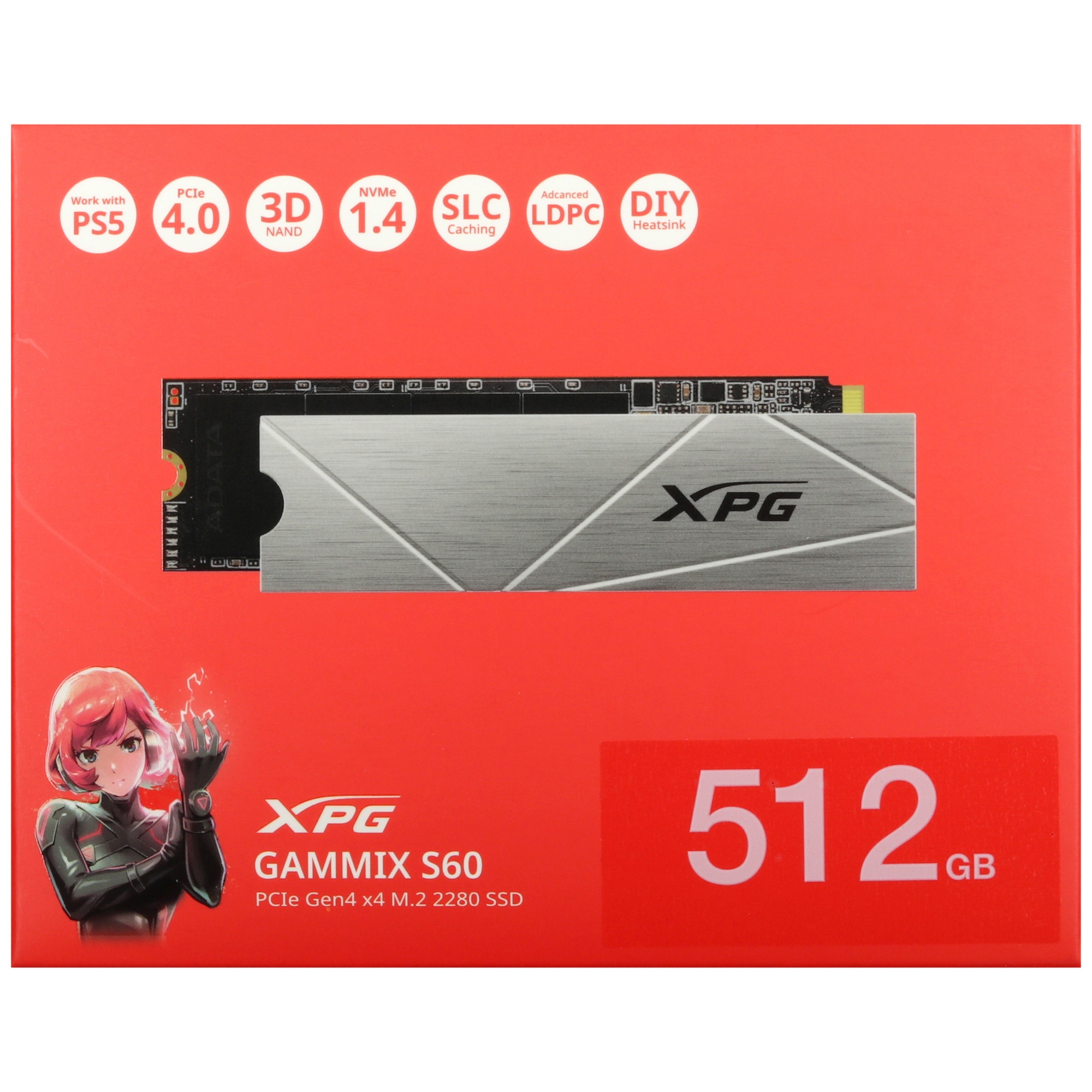 Накопитель SSD ADATA XPG GAMMIX S60, 512Gb, PCIe 4.0 x4, M.2 2280, NVMe, R/W 4700/1700, с радиатором