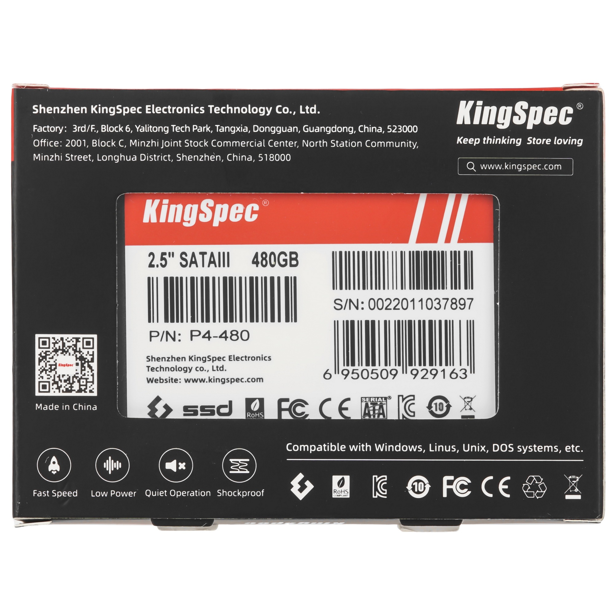 Накопитель SSD 2.5" KingSpec 480Gb P4 Series  (SATA3, up to 570/540MBs, 3D NAND, 100TBW)