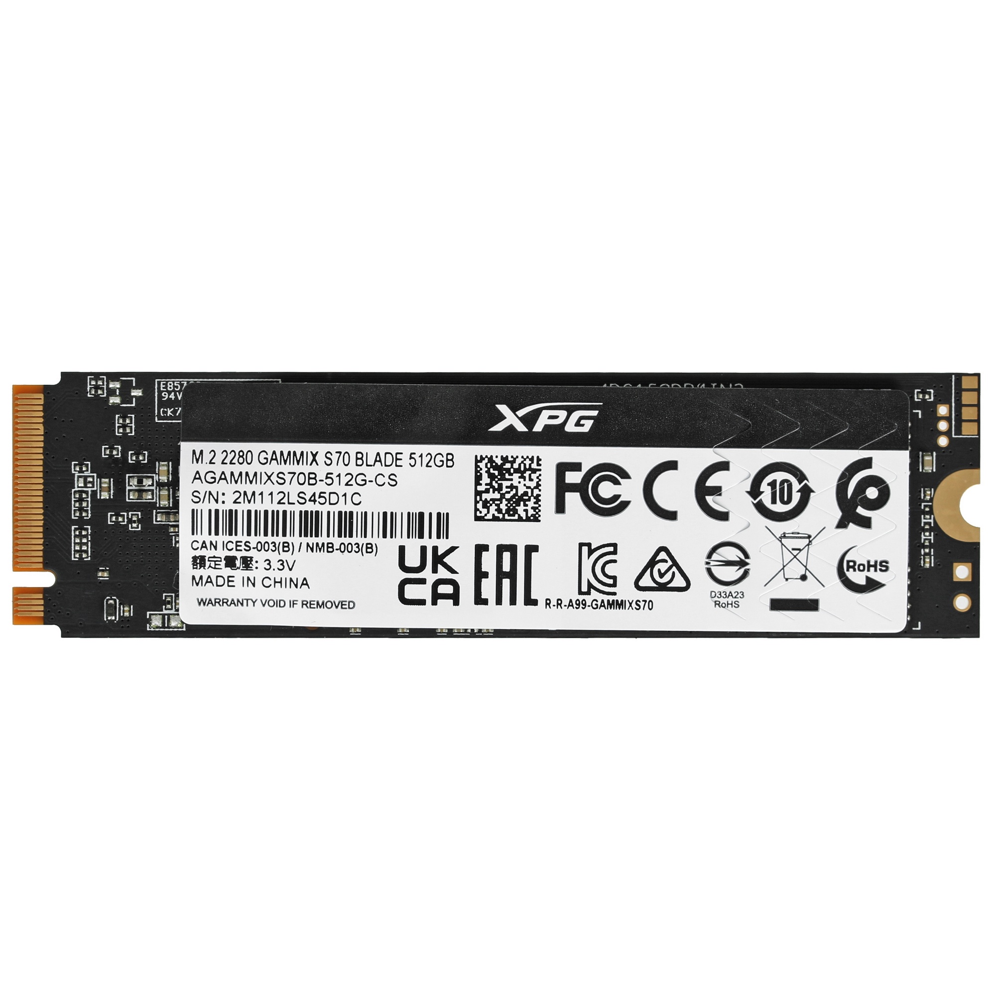Накопитель SSD ADATA XPG GAMMIX S70 BLADE, 512Gb, PCIe 4.0 x4, M.2 2280, NVMe, R/W 7200/2600, с ради