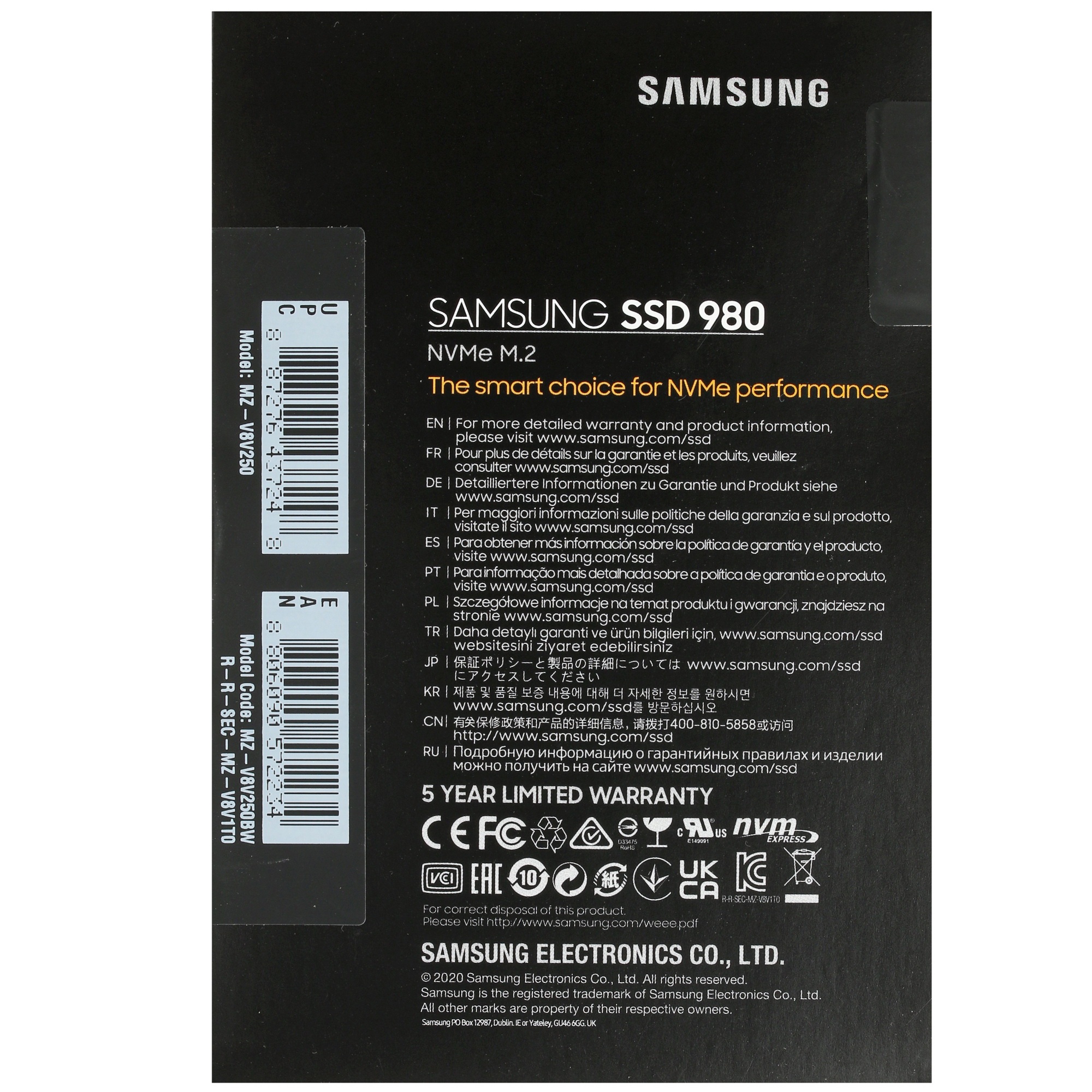 Накопитель SSD Samsung 980, 250GB, PCIe 3.0 x4, M.2 2280, NVMe, R/W 2900/1300