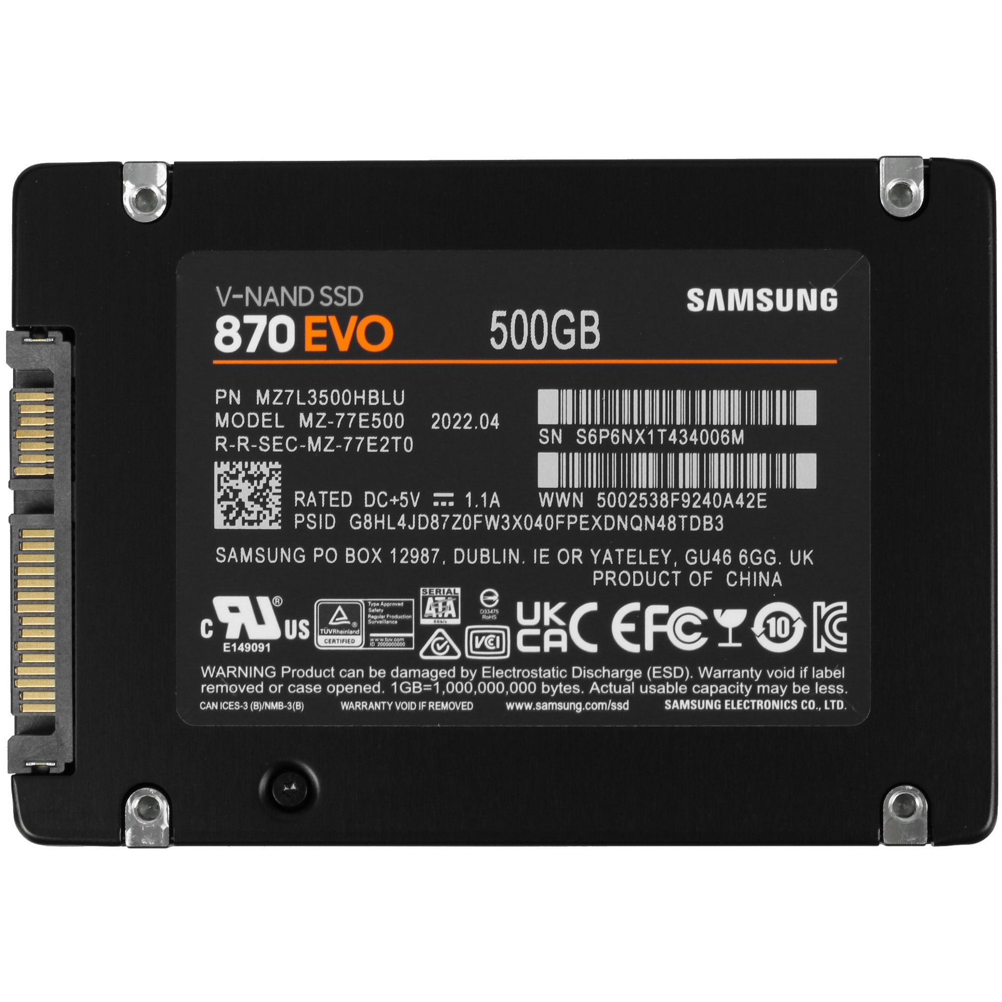Накопитель SSD Samsung 870 EVO, 500GB, SATA III, 2.5", R/W 560/530